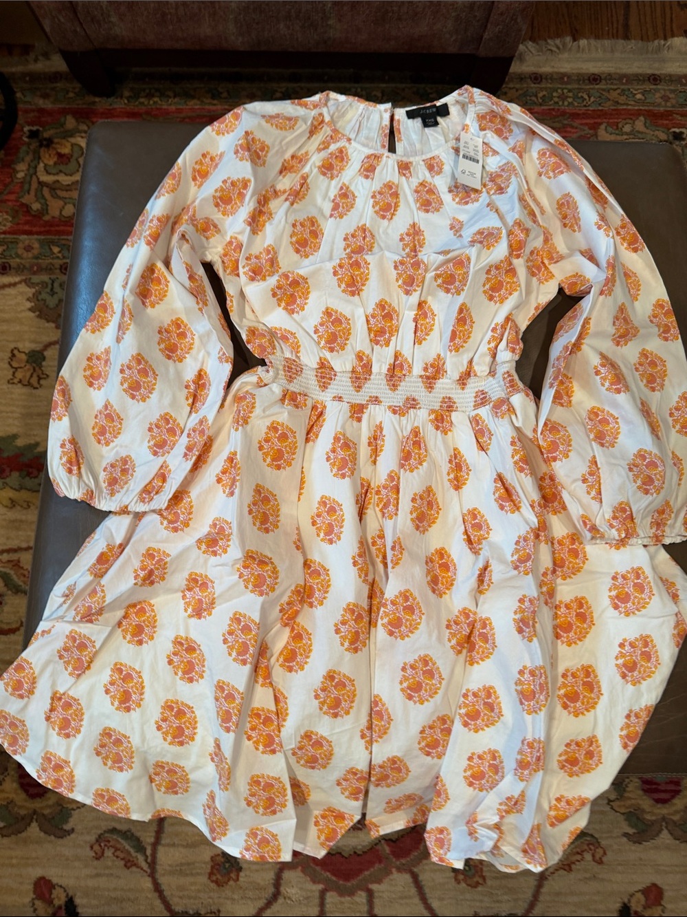 J. Crew White Long-Sleeve Dress with Orange Floral Print